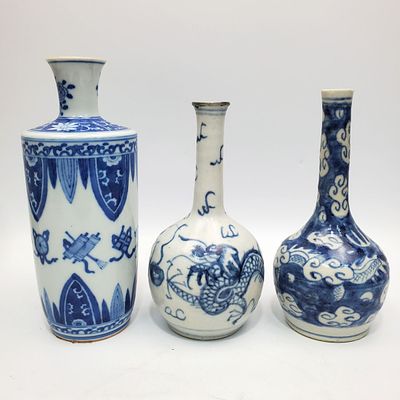 Lot of 3 Chinese Blue & White Porcelain Vases. Lot of 3 Chinese Blue &amp; White Porcelain 