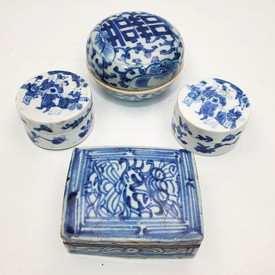 Lot of 4 Chinese Blue & White Porcelain Boxes. Lot of 4 Chinese Blue &amp; White Porcelain 