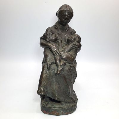 Antique French Illegibly Signed Bronze Figure of a Mother &amp; Two Children. Condition: Needs 