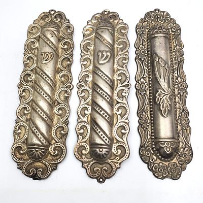 3 Judaica Sterling Silver Mezuzah Cases. Fully Hallmarked. Condition: Generally Good w/ Some 