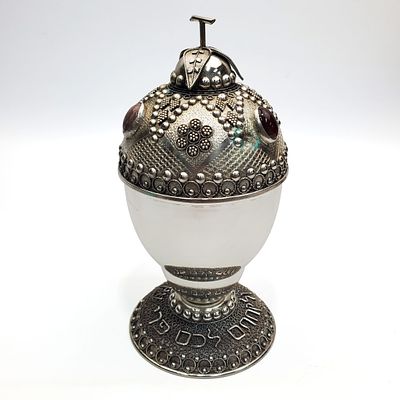 Judaica Rare Sterling Silver Etrog Box w/ Hardstones. Fully Signed &amp; Hallmarked. Condition: 