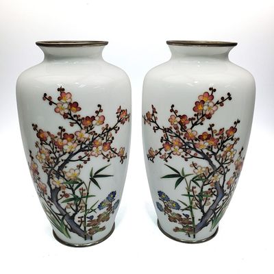 Japanese Vintage Pair of Cloissone Vases Depicting Cherry Blossoms on White Background. Marked 