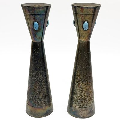 Judaica Pair of Silver-Plated Shabbat Candlesticks. Condition: Heavily Tarnished. Dimensions: 