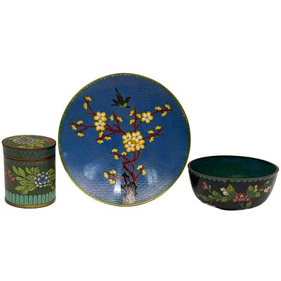 Lot of 3 Chinese Cloisonne Items Including a Bowl, a Plate &amp; 1 Round Covered Box. 