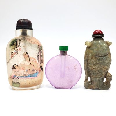 3 Chinese Snuff Bottles Including 2 Glass &amp; 1 Carved Hard Stone. Condition: Generally Very 