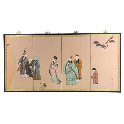 Chinese 4 Section Panel Screen. Framed. Condition: Sold As Is w/ Damages &amp; Water Stains. 