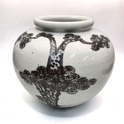 Korean Porcelain Moon Jar w/ Pine Tree Decoration. Condition: Generally Good. Dimensions: H-9" 
