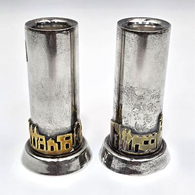 Judaica Pair "BIER" Sterling Silver Candlesticks. Judaica Unusual Pair of "BIER" Sterling Silver 