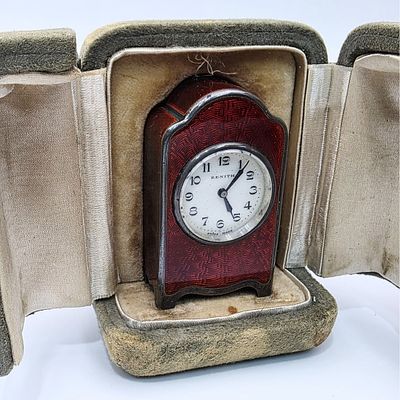 Zenith Sterling Silver & Guilloche Miniature Clock. Antique Zenith Sterling Silver &amp; Red 