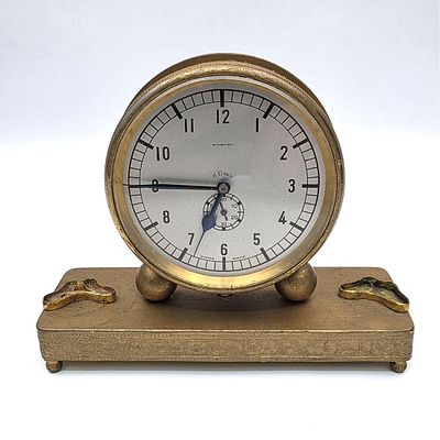Vintage Gilt Brass Mantel 8 Days Clock by Octo Watch Compnay, Switzerland. Retailed by William 
