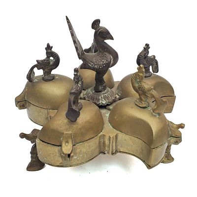 Antique Indian Traditional Brass Kumkum Box to Hold Makeup w/ Peacock Lid. Condition: Generally 