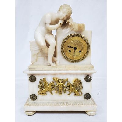 Early Antique French Empire Louis XVI Mantel Clock Made of Alabaster &amp; Dore Bonze c. Mid 