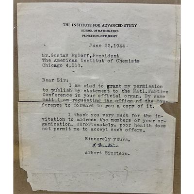 Signed Letter by Albert Einstein Dated 1944. Albert Einstein Signed Letter to The President of 