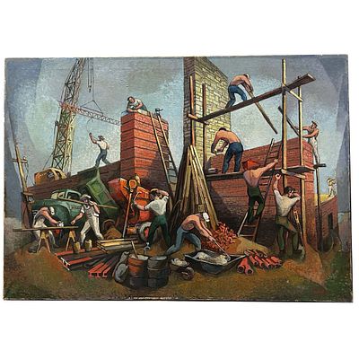 Werner Koepf (German, 1909-1992) Painting Oil on Canvas "The Builders" Signed &amp; Dated 1950 