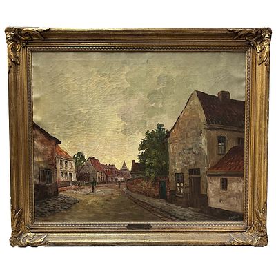 Antique Painting Oil on Canvas "Street In Belgium" Signed Lower Right. Beautifully Framed w/ 