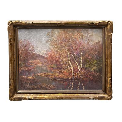 Antique Painting Oil on Canvas "Spring Landscape" Signed Illegibly Lower Left. In Original 