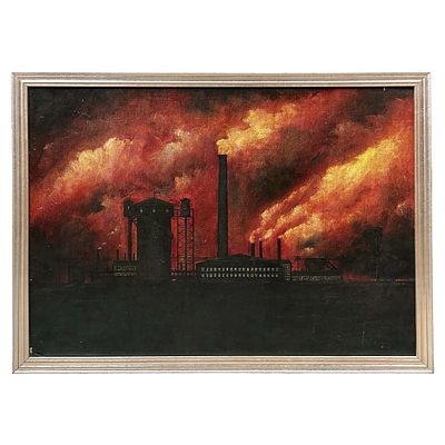 Painting Oil on Board "Smoke Filled Skies" In Original Frame. Unsigned. Condition: Generally 