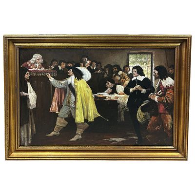 Antique Painting Signed "Robert Johnsten". Antique Painting Oil on Canvas "Courtroom" Signed 