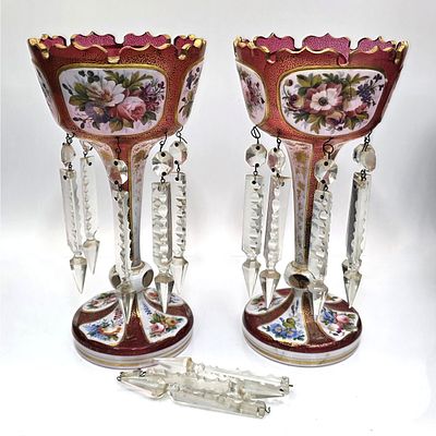 Pair of Antique Bohemian Moser-Style Glass Lusters. Pair of Antique 19th C. Bohemian Moser-Style 