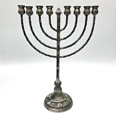 Old Bezalel Style Sterling Silver Menorah w/ Jewels. Fully Hallmarked. Condition: Heavily 
