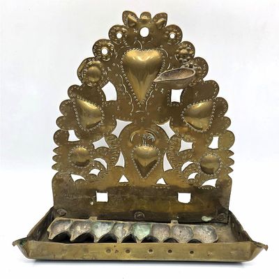 Judaica Antique Dutch Brass Hanukkah Menorah Oil Lamp Featuring Repousse Heart Decorations. 