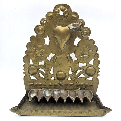 Judaica Antique Dutch Brass Hanukkah Menorah Oil Lamp Featuring Repousse Heart Decorations. 