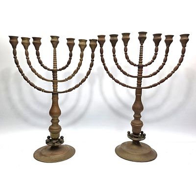 Judaica Lot of 2 Antique Brass 7-Branch Menorahs. Judaica Lot of 2 Antique Brass 7-Branch Temple 