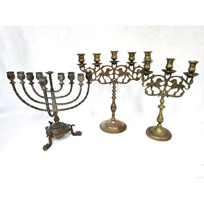 Judaica Lot of 3 Antique Brass Items Including 2 Temple Candelabras &amp; a Hanukkah Menorah. 