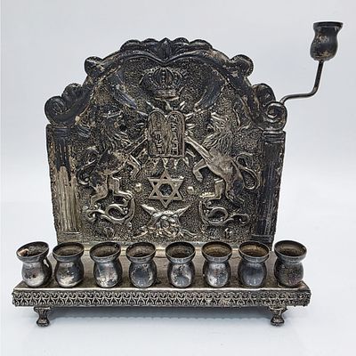 Judaica Antique Silver Menorah w/ Decoration of The Star of David, The 10 Commandments, a Crown 