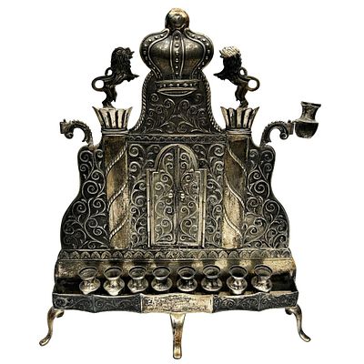 Judaica Old & Fine Silver Menorah. Judaica Old &amp; Fine Silver Menorah w/ Decorations of Lions 