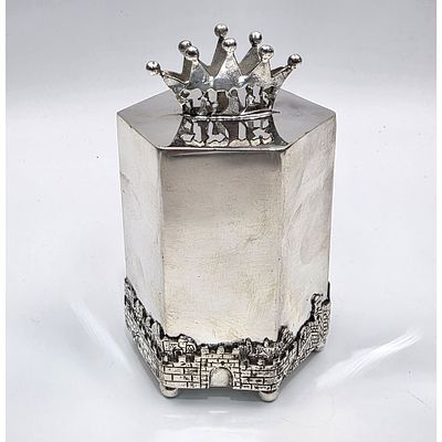 Fine Judaica Sterling Silver Tzedakah Box w/ Crown on Top &amp; View of Jerusalem on Lower 