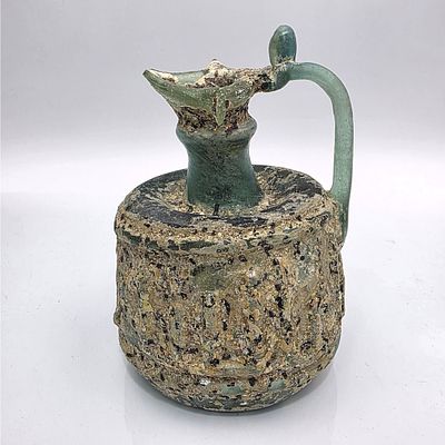 Rare Roman & Byzantine Green Glass Pitcher. Unusual Rare Roman &amp; Byzantine Green Glass 