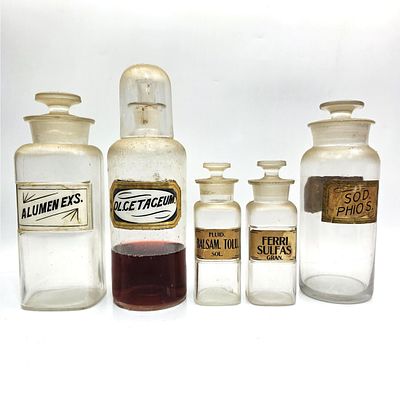 Lot of 5 Antique Glass Apothecary Jars w/ Original Stoppers. Condition: Generally Good. As 