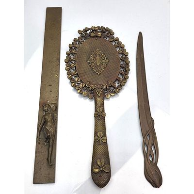 Lot of 3 Vintage Brass Items Including a German Art Nouveau Letter Opener Marked "Ges. Gesch." 