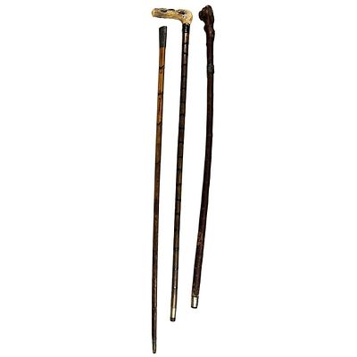 Lot of 3 Antique Silver Mounted Wood Canes. All Fully Marked. Condition: Generally Good. 