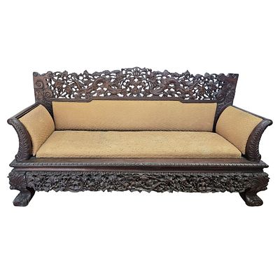 Antique Chinese Early 20th Century Large Sofa w/ Beautiful Carved Wood Back, Sides &amp; Front 
