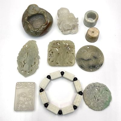 Chinese Lot of 10 Hardstone, Jade or Jadeite Items Including a Bracelet, a Figure, Medallions 