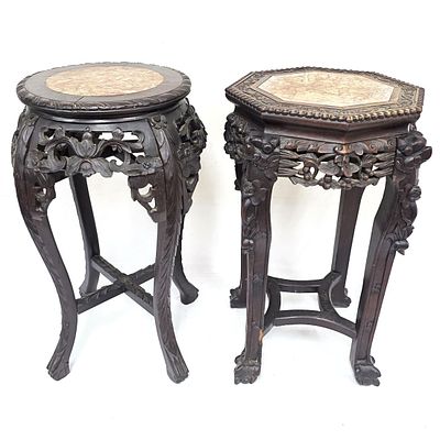 2 Antique Chinese Carved Hardwood & Marble Stands. 2 Antique Chinese Carved Hardwood &amp; 
