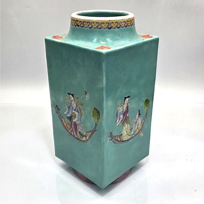 Chinese 19th C. Turquoise Square Porcelain Vessel. Unusual Chinese19th C. Famille Rose Turquoise 
