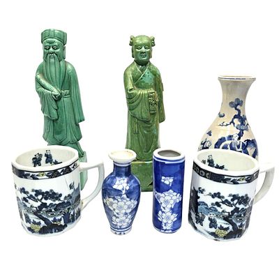 Lot of 5 Chinese Porcelain Items Including a Pair of Mugs &amp; 3 Blue &amp; White Vases. Along 