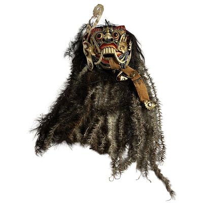 Old Indonesian Balinese Barong Mask Adorned w/ Hair &amp; Feathers. Condition: Generally Good. 