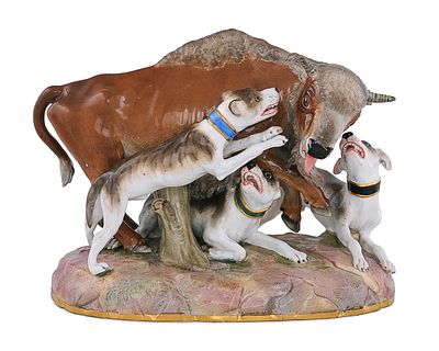 &laquo;Бизон и три собаки&raquo;. Германия, Мейсен,
1880-е гг.
Фарфор, роспись подглазурная, позолота. 