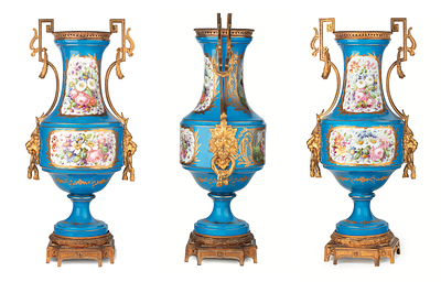 Вазы парные, Севр. Франция 1850-1870 гг. Фарфор, бронза, живопись, позолота. Высота 68 см 