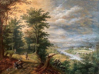 Жак ван дер Вяйен «Лесной пейзаж со сценой нападения разбойников на путешественников», холст 