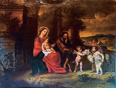 Петер ван Авонт «Отдых Святого Семейства на пути в Египет», медь, масло, 68,5 х 87,5 см. Петер 