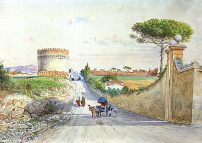 Федерико Скианки «Пейзаж с Мавзолеем Цецилии Метеллы на Аппиевой дороге в Риме», бумага 