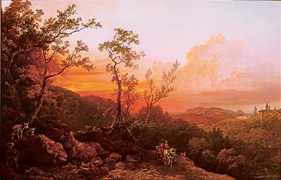 Лот 11. Филипп Якоб Лутербург Младший «Пейзаж с путниками на закате», холст, масло 68,6 х 106,7 