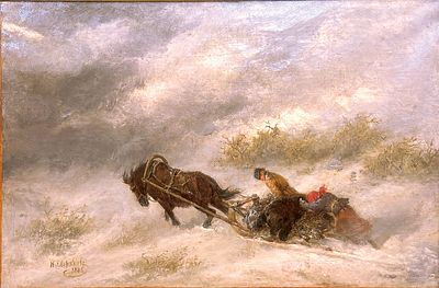 Николай Егорович Сверчков «Охотники на медведя в пургу», х.м., 48,5 х 73,5 см. Экспертиза. Никола 