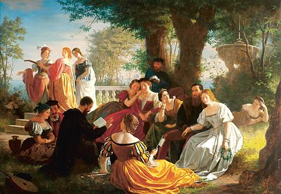 Адольф Фридрих Георг Вихман «Аретино читает свои произведения в саду Тициана в Венеции», х.м. 