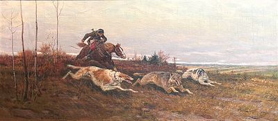Евгений Тихменев «Охота на волка с борзыми», х.м., 30 х 64,2 см. Евгений Александрович Тихменев 